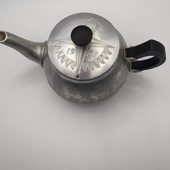 Silver Teapot with Black Handle 1951 Antique Aluminum - Picture 2 of 11